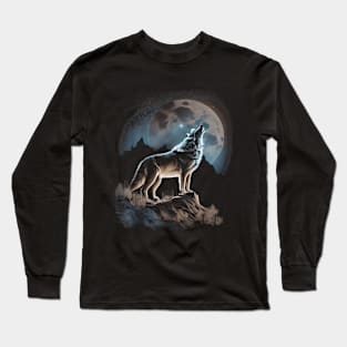 Wolf Lookout Full Moon on Mountain Long Sleeve T-Shirt